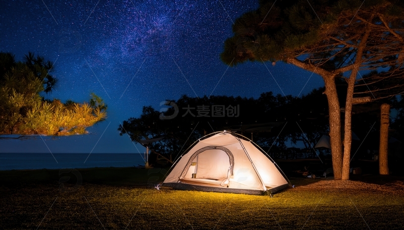 高清大图下载【趣麦麦图】繁星下树林边明亮的海边露营帐篷
