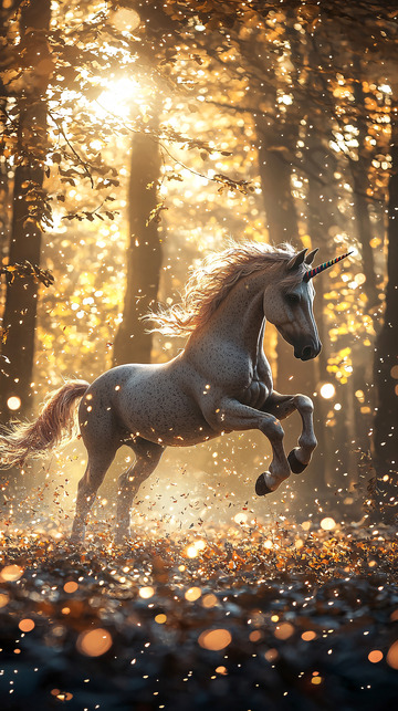 秋季森林里奔跑的独角兽