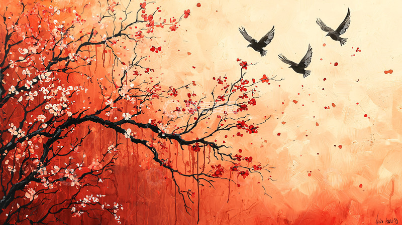 高清大图下载【趣麦麦图】红枫树枝上的鸟儿