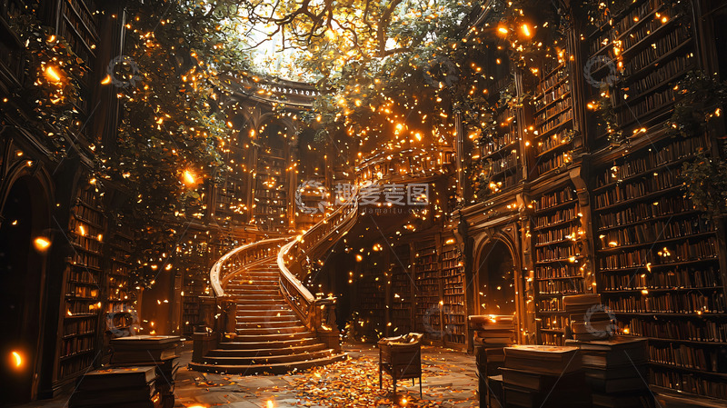 高清大图下载【趣麦麦图】萤火虫飞舞的古老图书馆