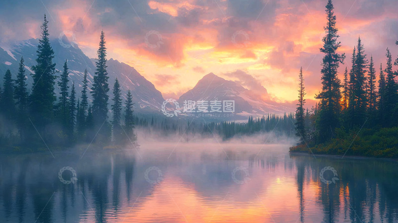 高清大图下载【趣麦麦图】山峰倒影日落湖泊