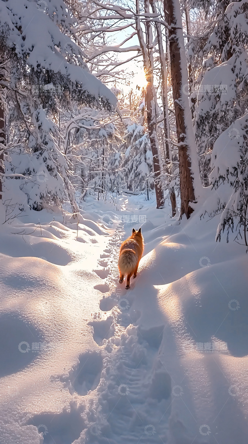 高清大图下载【趣麦麦图】雪地森林小径上的狗狗