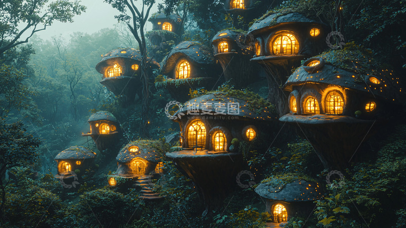 高清大图下载【趣麦麦图】奇幻森林中的蘑菇小屋