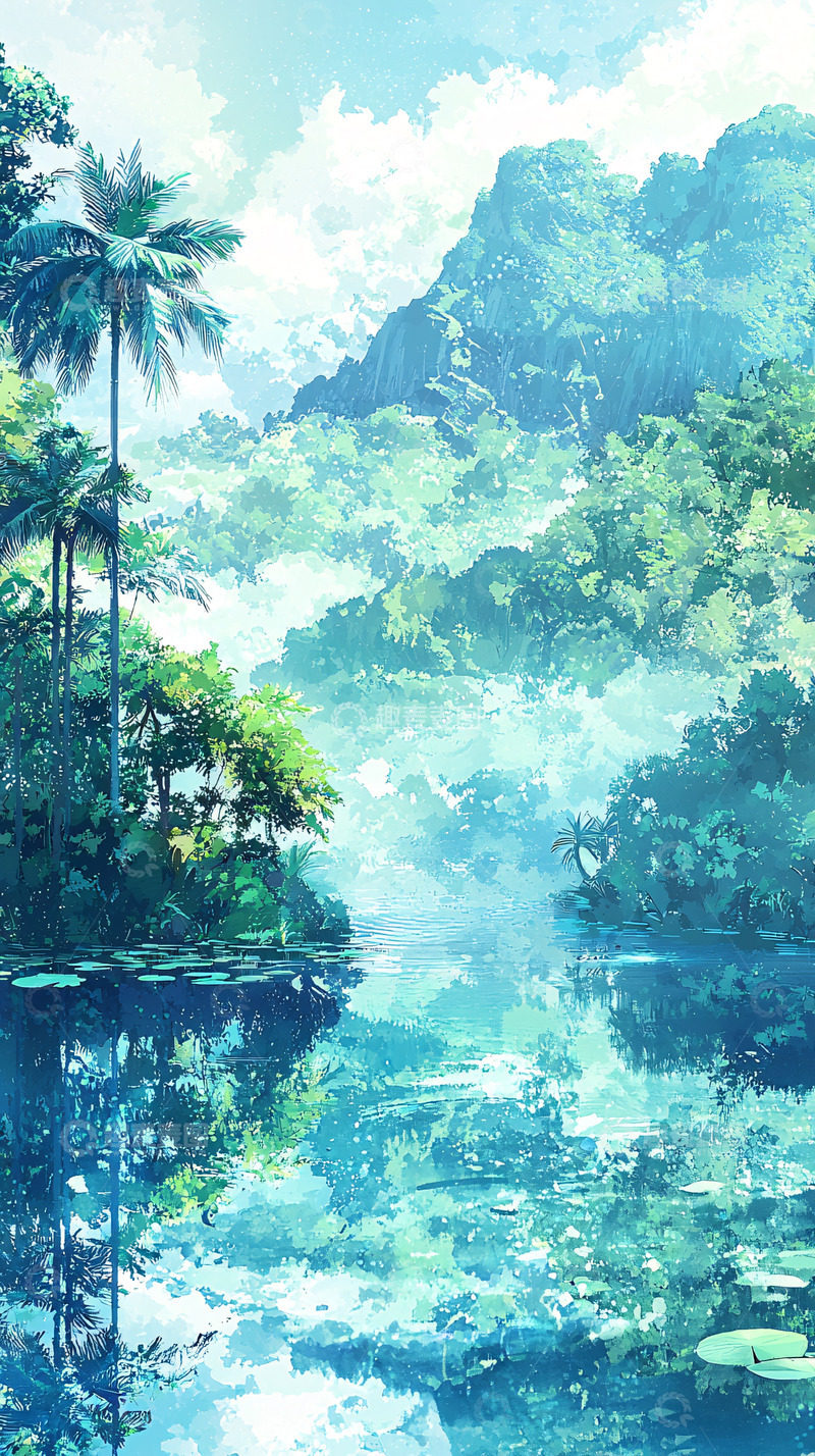 高清大图下载【趣麦麦图】静谧的热带雨林湖泊倒影