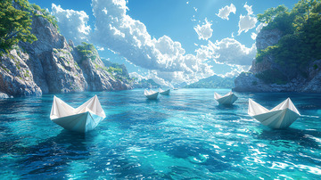 阳光明媚下的纸船航行