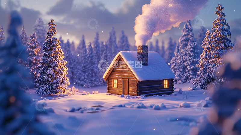 高清大图下载【趣麦麦图】雪夜森林小屋