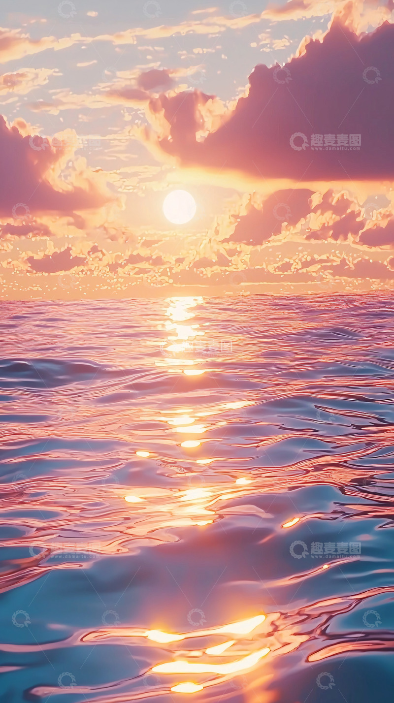 高清大图下载【趣麦麦图】粉红色天空下的平静大海