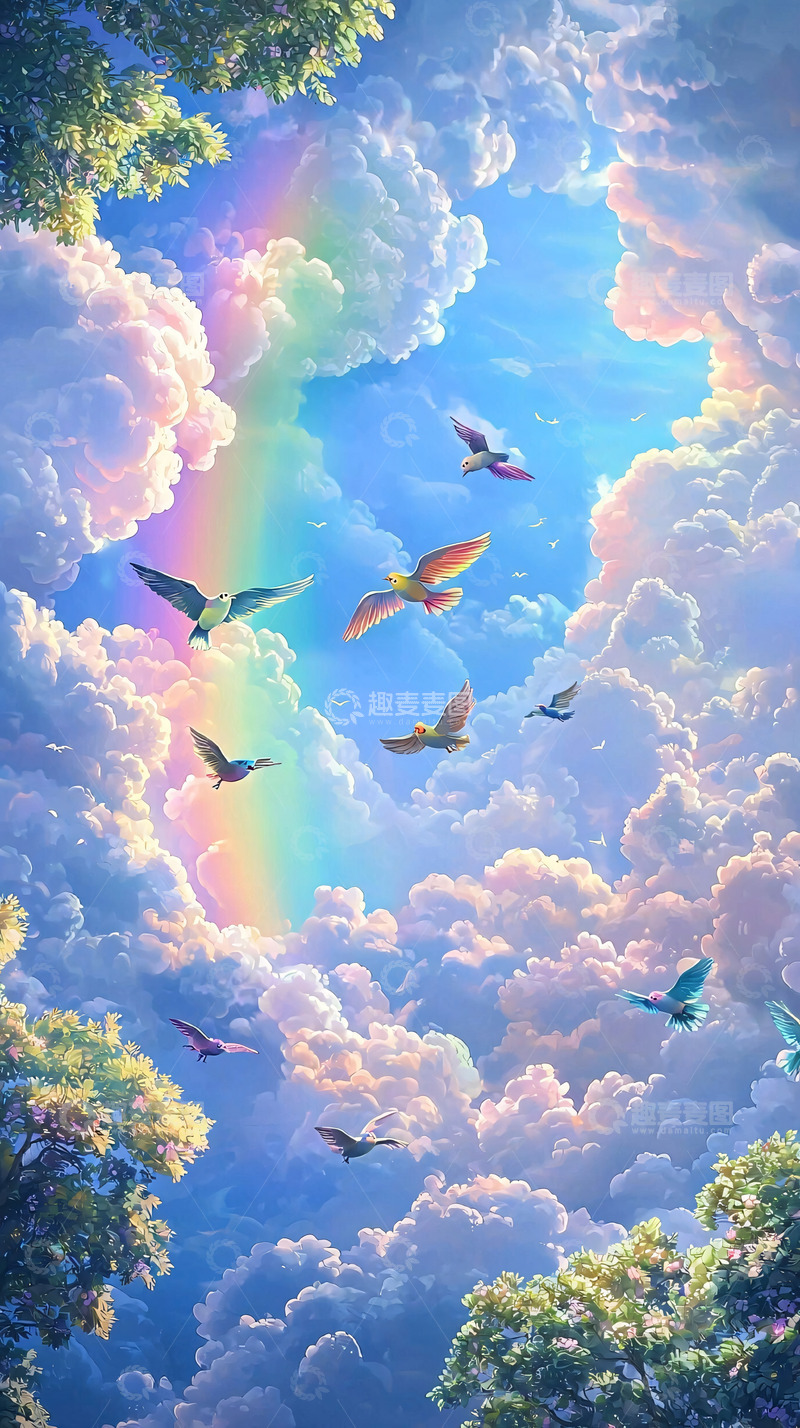 高清大图下载【趣麦麦图】彩虹天堂鸟群