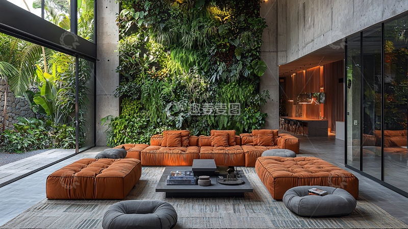 高清大图下载【趣麦麦图】豪华客厅绿植墙面沙发