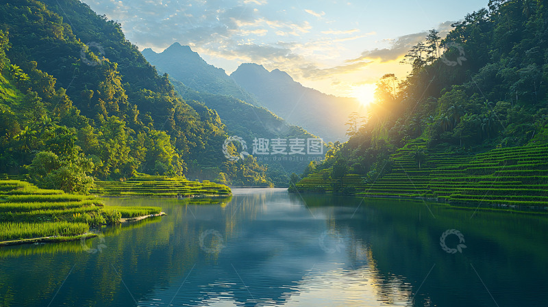 高清大图下载【趣麦麦图】山河日落景色