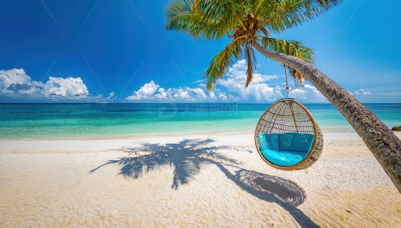高清大图下载【趣麦麦图】马尔代夫沙滩椰树下静美的悬挂摇椅