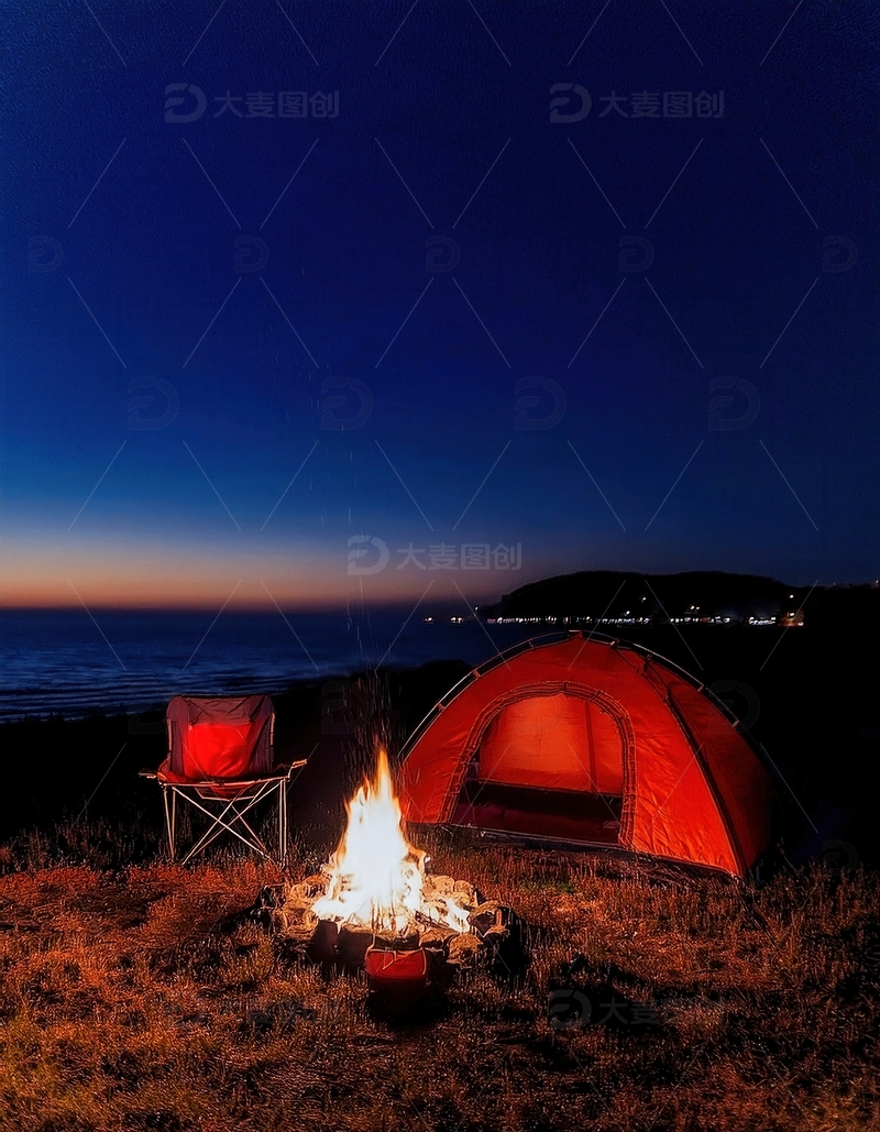 高清大图下载【趣麦麦图】海边夜幕下帐篷与温暖的篝火