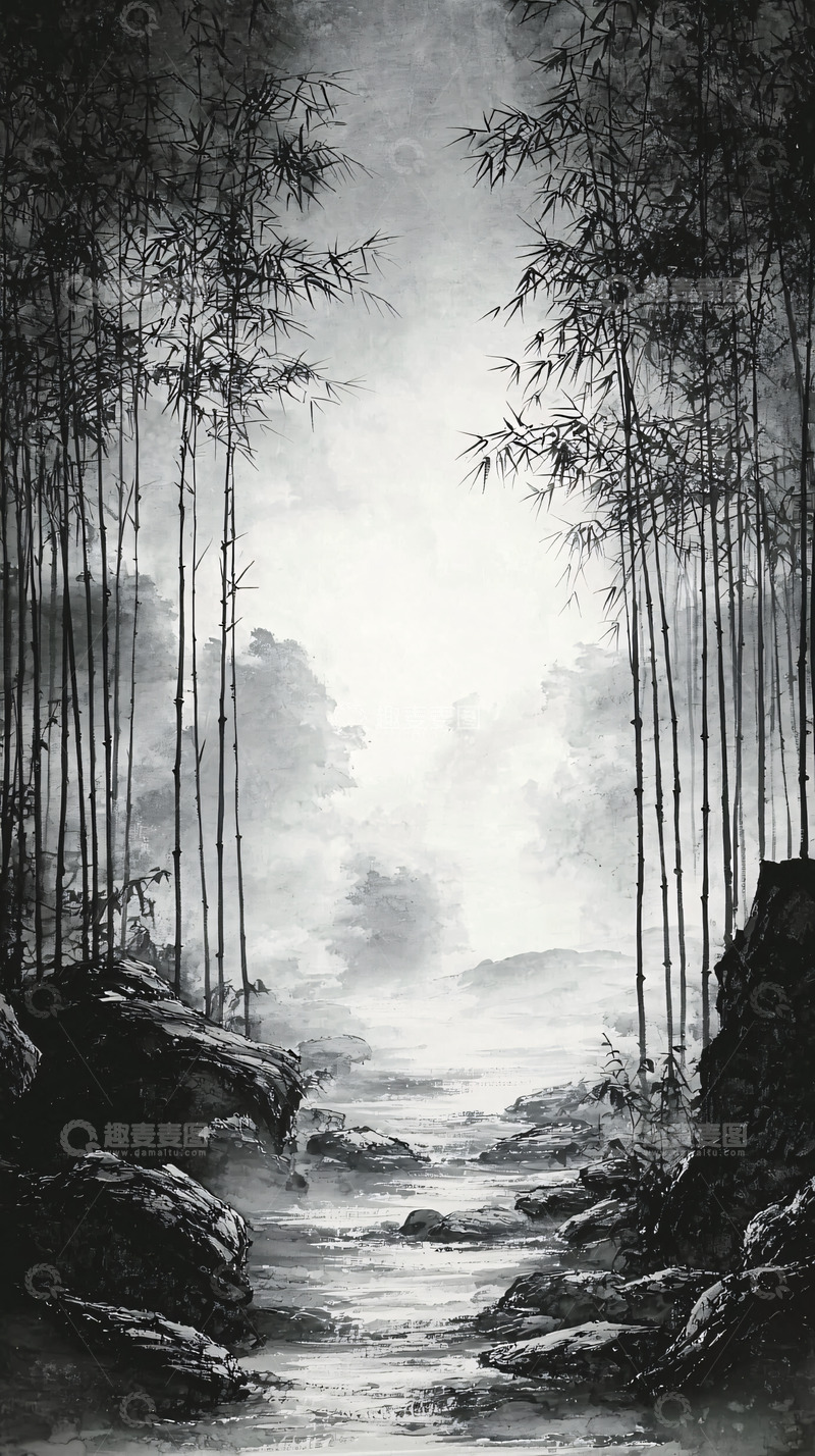 高清大图下载【趣麦麦图】水墨竹林幽静山谷