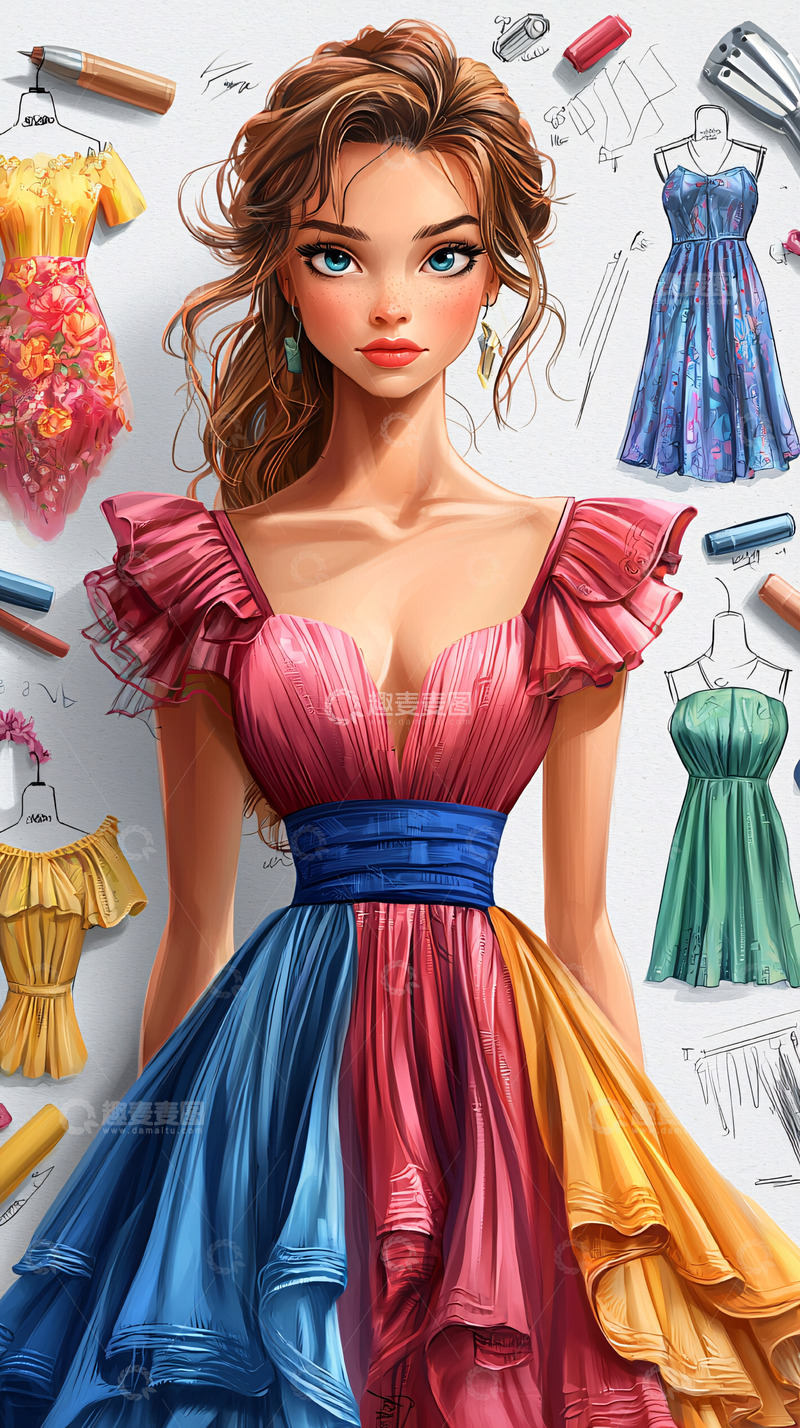 高清大图下载【趣麦麦图】时尚女孩穿着彩色连衣裙