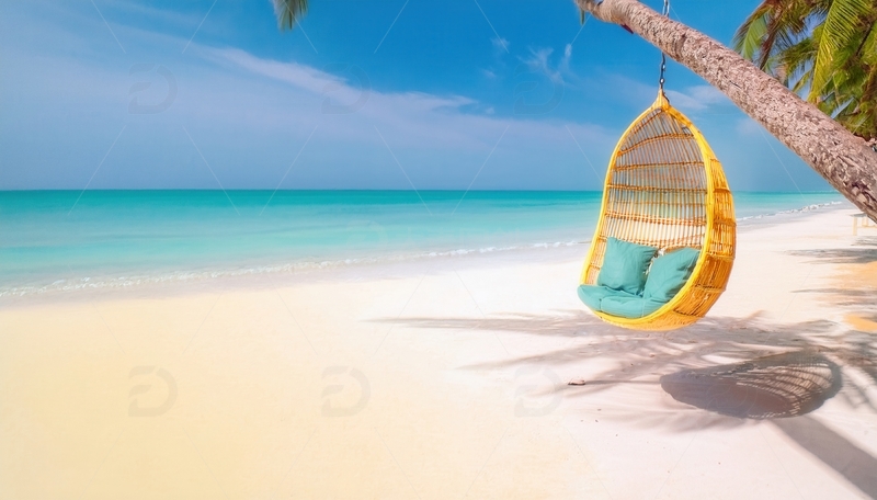 高清大图下载【趣麦麦图】马尔代夫沙滩上椰树下的悬挂摇椅