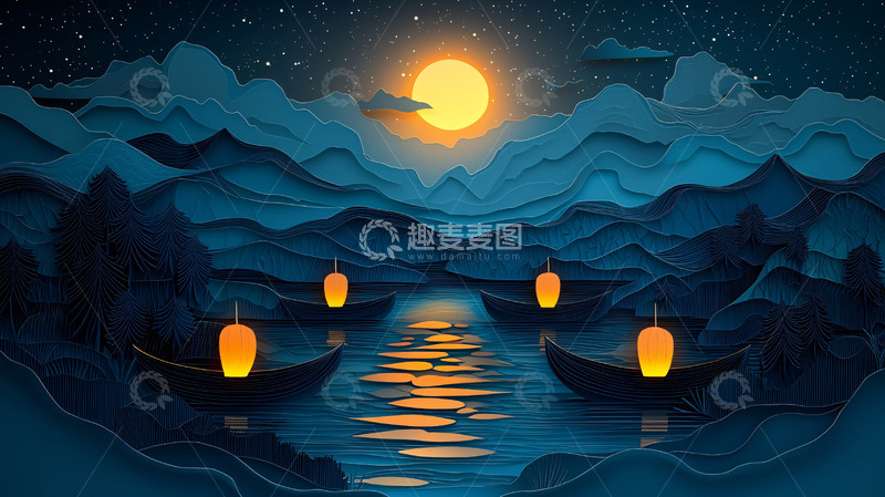 高清大图下载【趣麦麦图】纸艺山水夜景