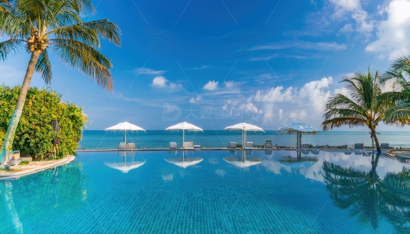 高清大图下载【趣麦麦图】马尔代夫海边泳池与椰树遮阳伞景致