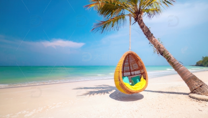 高清大图下载【趣麦麦图】马尔代夫海滩椰树下的舒适悬挂摇椅