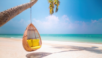 马尔代夫沙滩椰树下的闲适悬挂摇椅