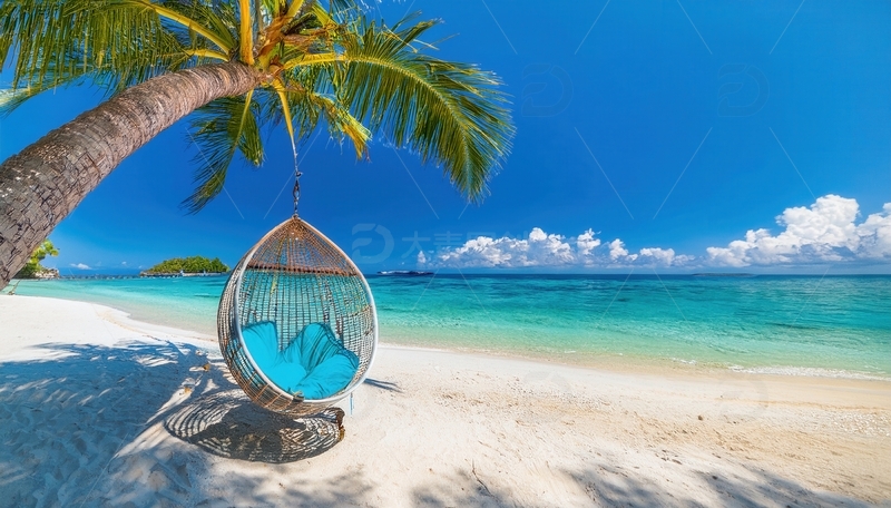 高清大图下载【趣麦麦图】马尔代夫沙滩椰树下的梦幻悬挂摇椅