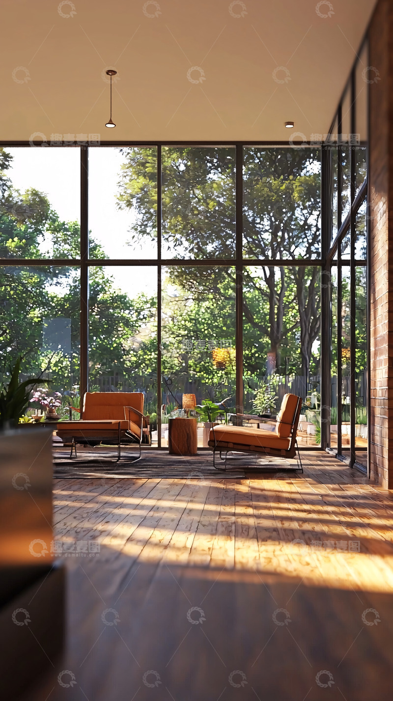 高清大图下载【趣麦麦图】阳光洒进落地窗的室内空间