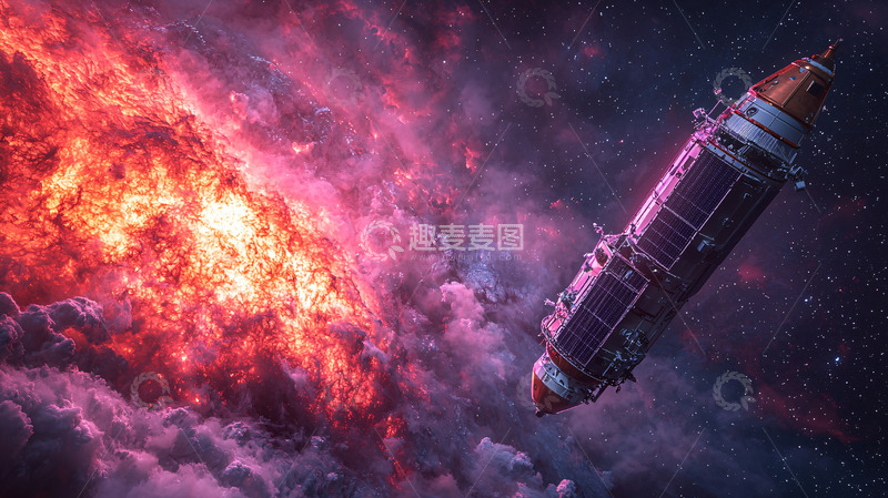 高清大图下载【趣麦麦图】宇宙飞船穿越红色星云