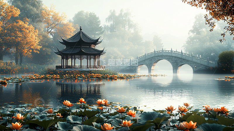 高清大图下载【趣麦麦图】秋雾笼罩下的江南园林