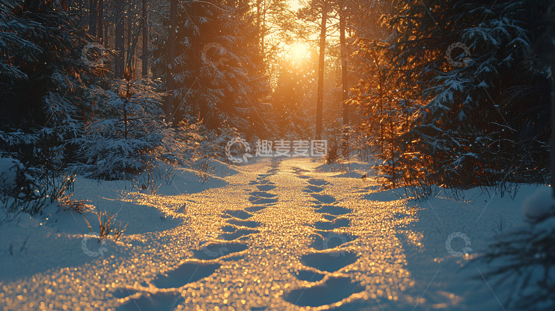 高清大图下载【趣麦麦图】冬日森林雪地小路日落