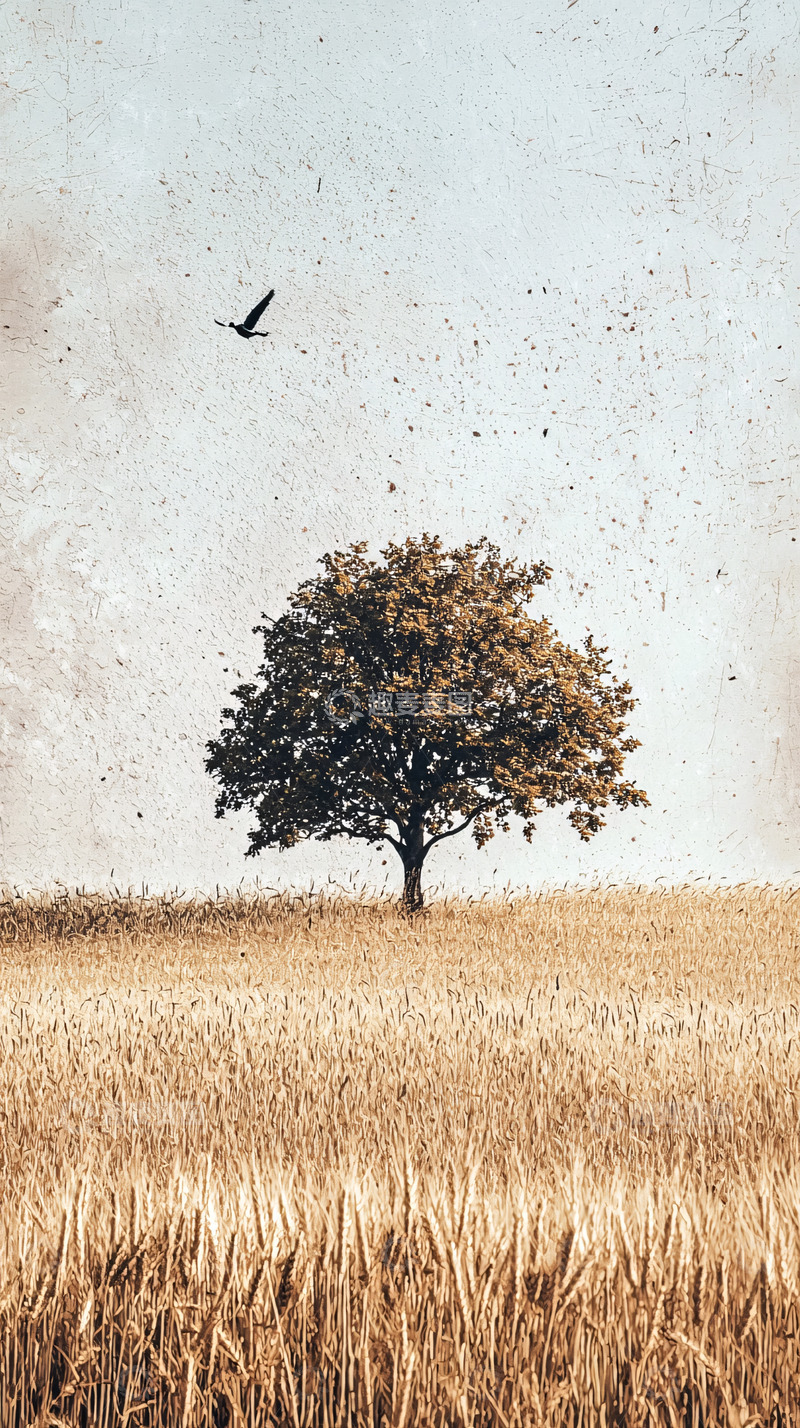 高清大图下载【趣麦麦图】孤树秋日麦田