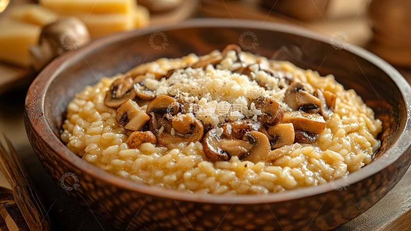高清大图下载【趣麦麦图】木碗里香喷喷的蘑菇烩饭