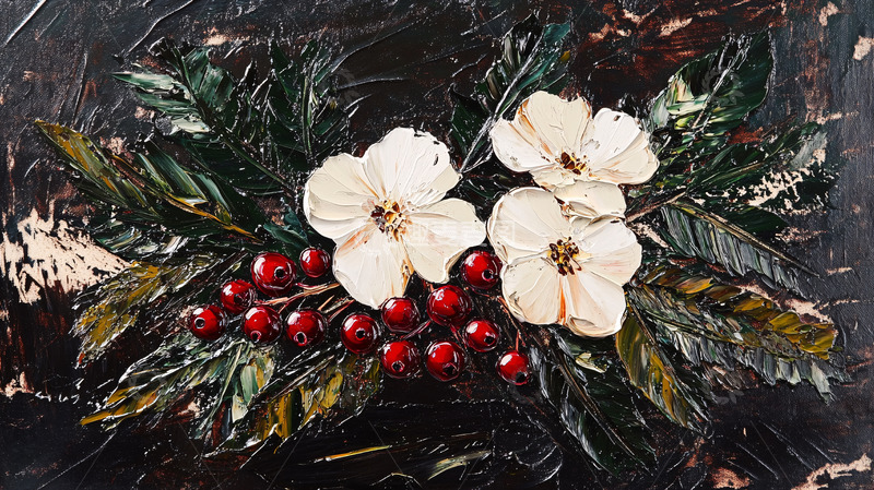 高清大图下载【趣麦麦图】暗黑背景白花红果油画