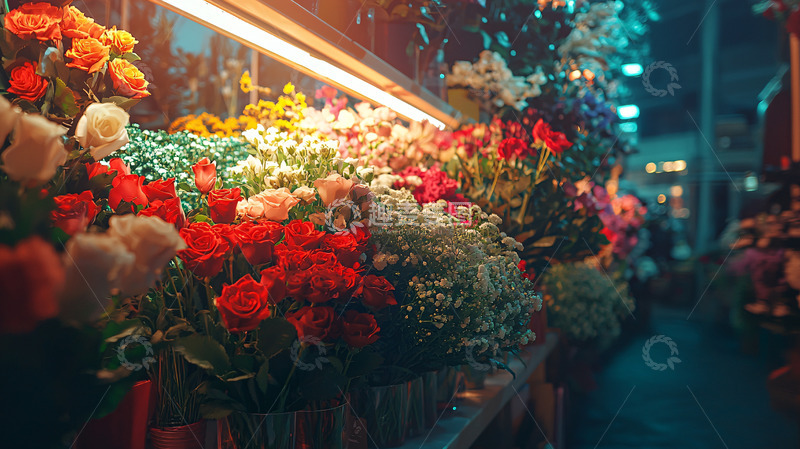 高清大图下载【趣麦麦图】夜色下的鲜花店橱窗