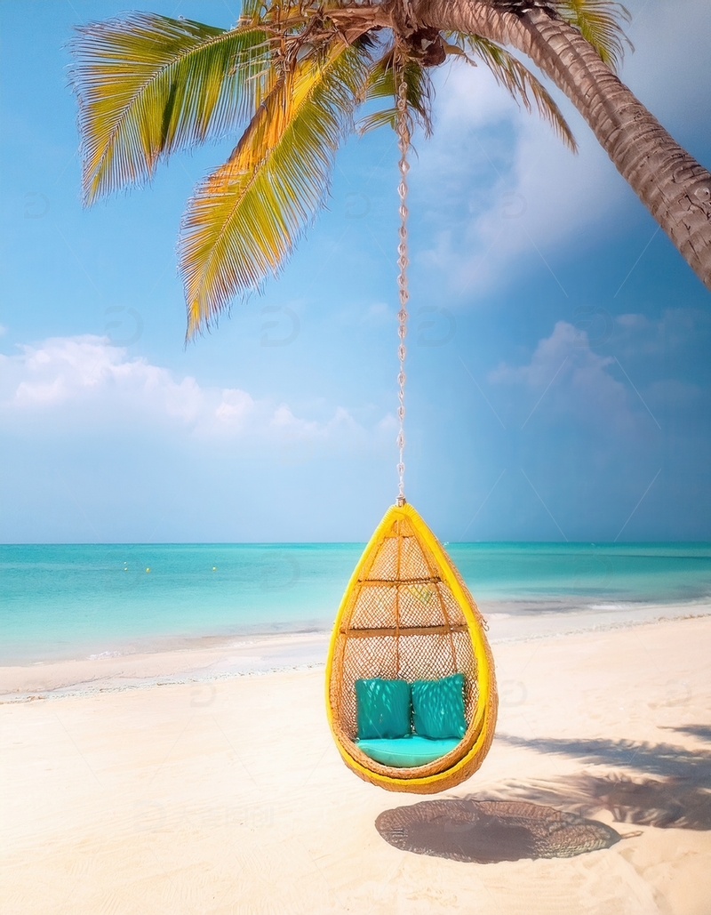 高清大图下载【趣麦麦图】马尔代夫沙滩椰树下的悠荡吊椅