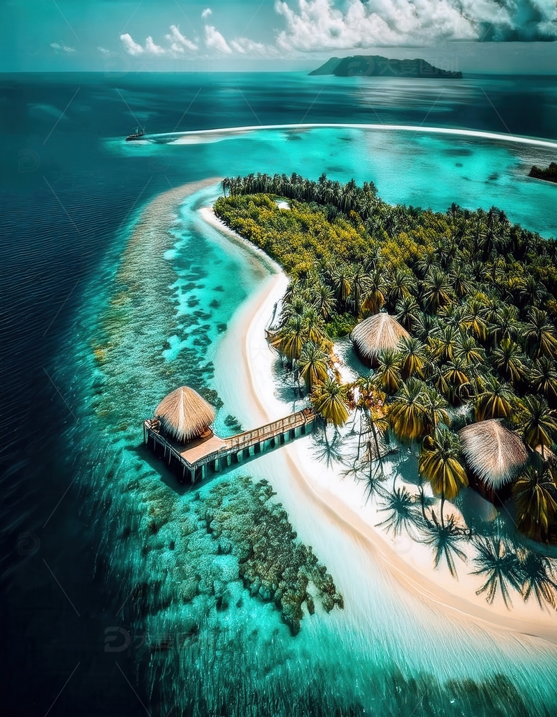 高清大图下载【趣麦麦图】俯瞰马尔代夫碧海环绕的绿宝石岛屿