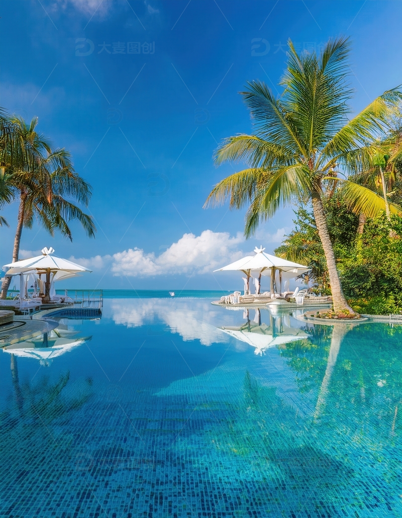 高清大图下载【趣麦麦图】马尔代夫海滨的椰林泳池度假胜景