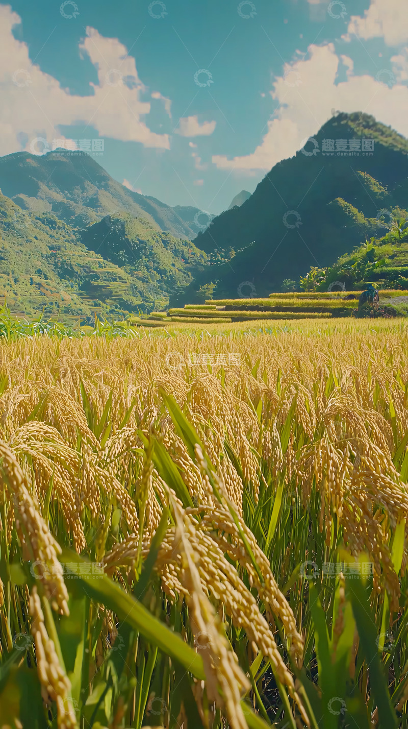 高清大图下载【趣麦麦图】金色稻田山间美景