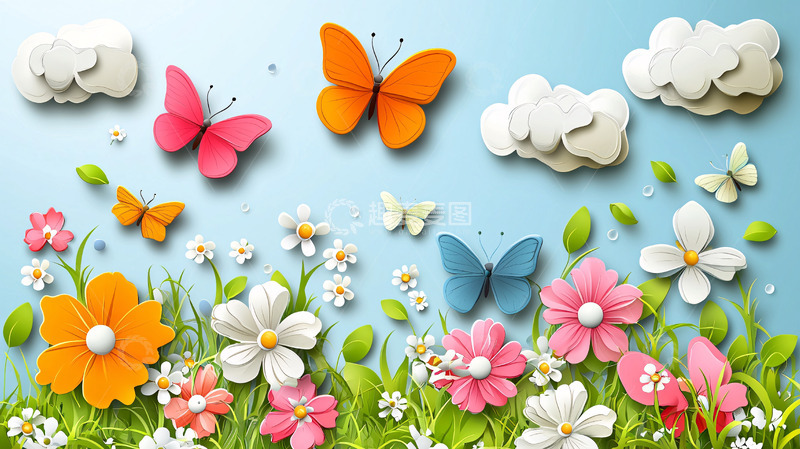 高清大图下载【趣麦麦图】卡通蝴蝶花朵背景图