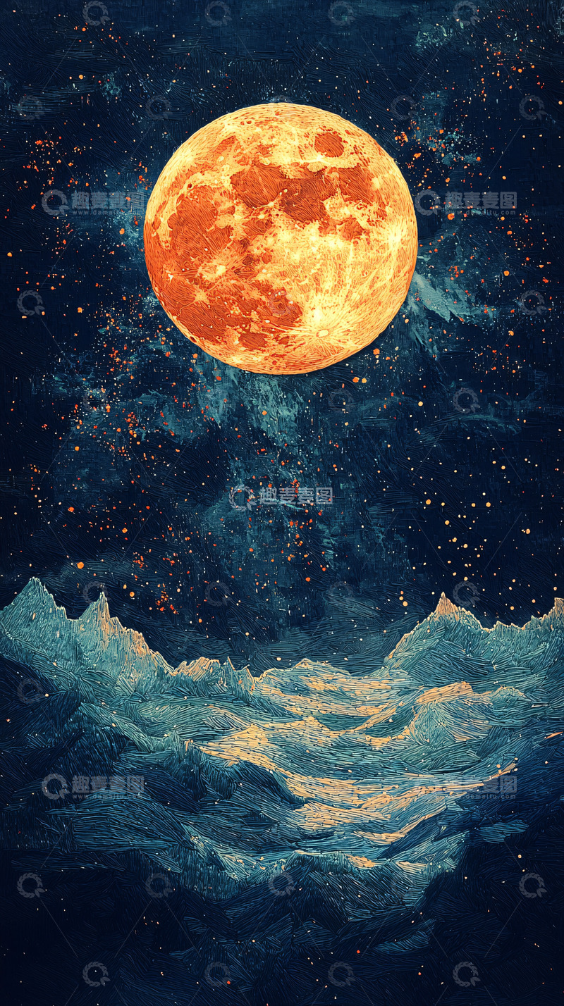 高清大图下载【趣麦麦图】橙色月亮山脉星空