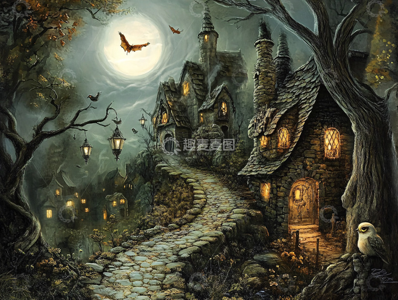 高清大图下载【趣麦麦图】月光下的哥特式村庄
