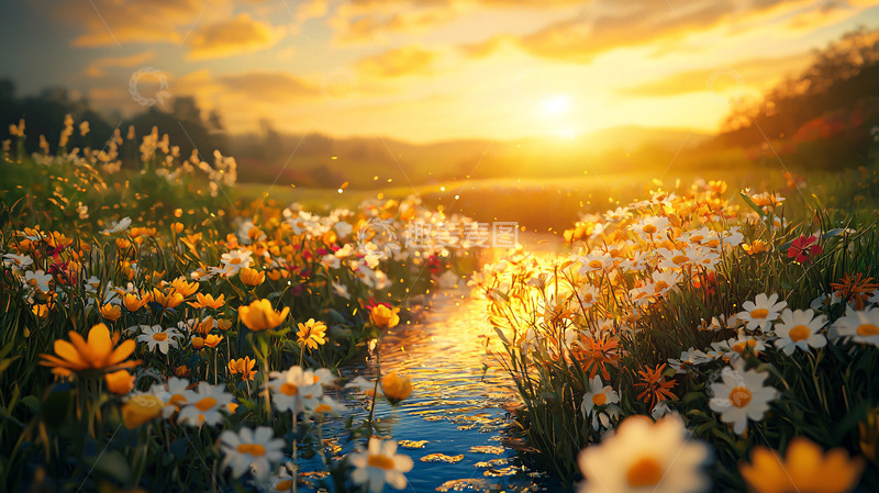 高清大图下载【趣麦麦图】日落花海小溪流水