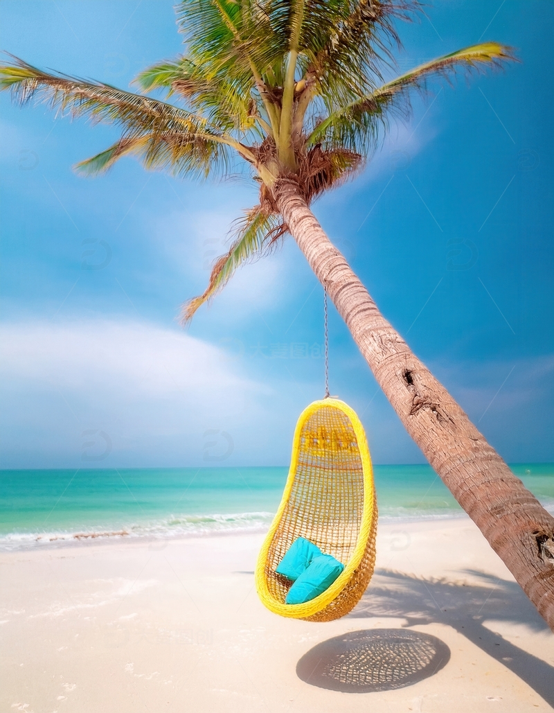 高清大图下载【趣麦麦图】马尔代夫沙滩椰树下的舒适休闲吊椅
