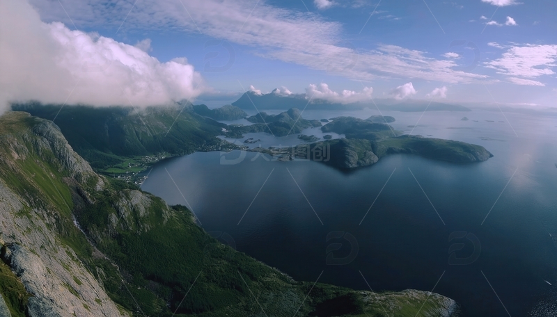 高清大图下载【趣麦麦图】挪威峡湾云雾下的山海岛屿风光