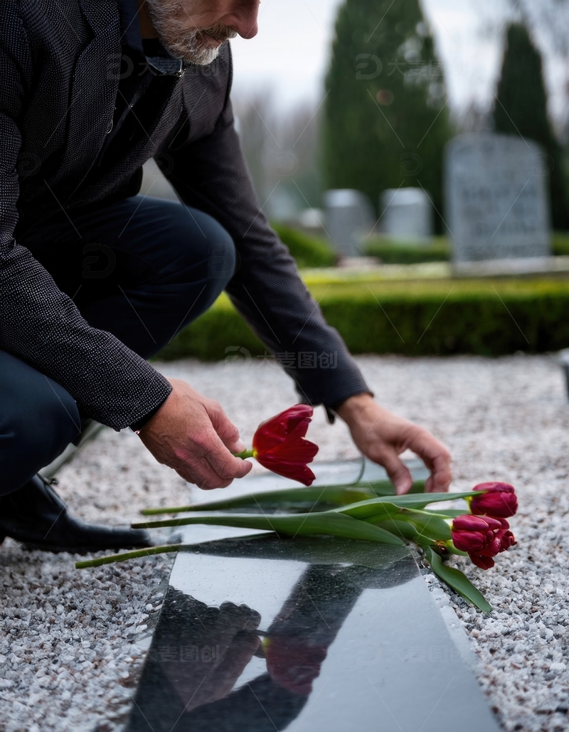 高清大图下载【趣麦麦图】墓前献花，寄清明深沉缅怀之情