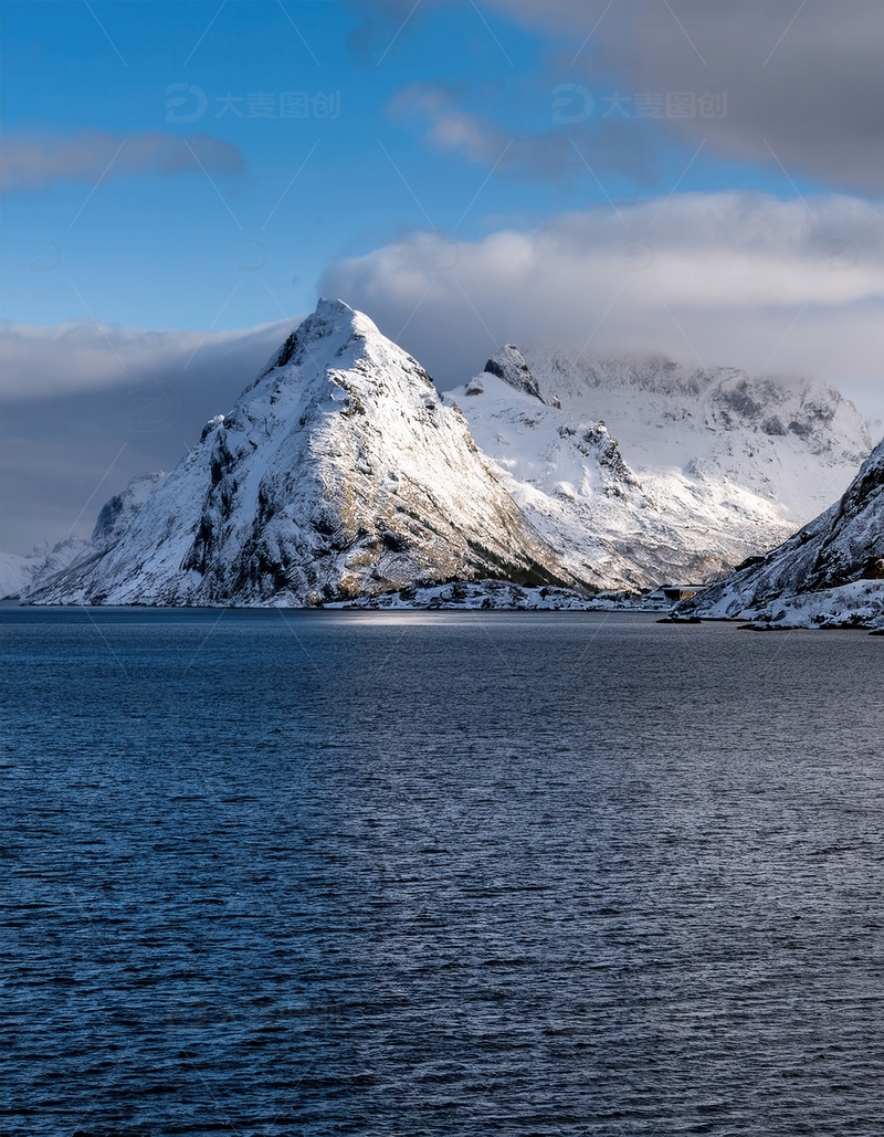 高清大图下载【趣麦麦图】挪威峡湾蓝天映覆雪孤峰与碧海