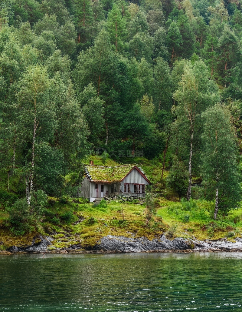 高清大图下载【趣麦麦图】挪威峡湾林畔绿顶小屋静立水滨