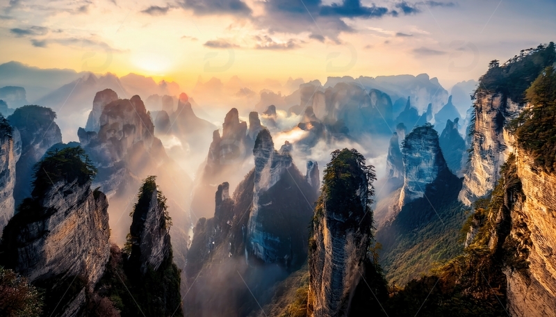 高清大图下载【趣麦麦图】张家界日出映峰林的梦幻壮丽景致