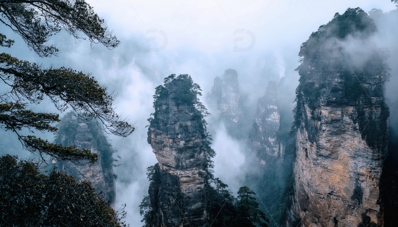 高清大图下载【趣麦麦图】张家界雾漫奇峰的空灵山水景致