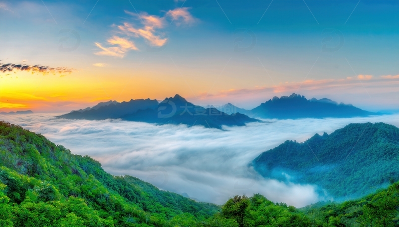 高清大图下载【趣麦麦图】张家界夕照云海漫卷的山林盛景