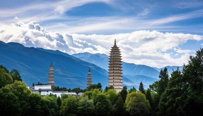 高清大图下载【趣麦麦图】蓝天白云下巍峨的大理三塔景观