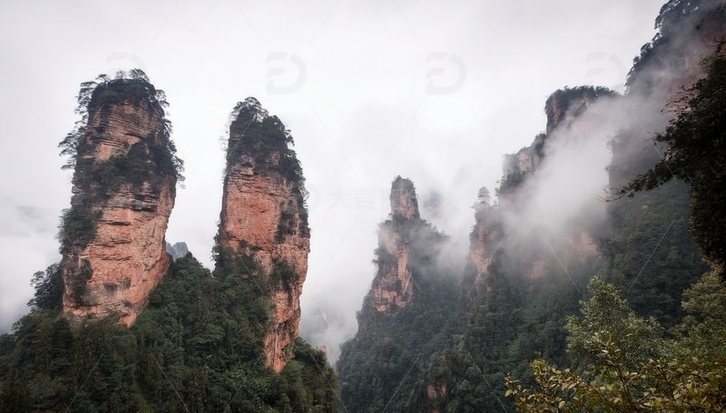 高清大图下载【趣麦麦图】张家界云雾中巍峨耸立的奇特峰林